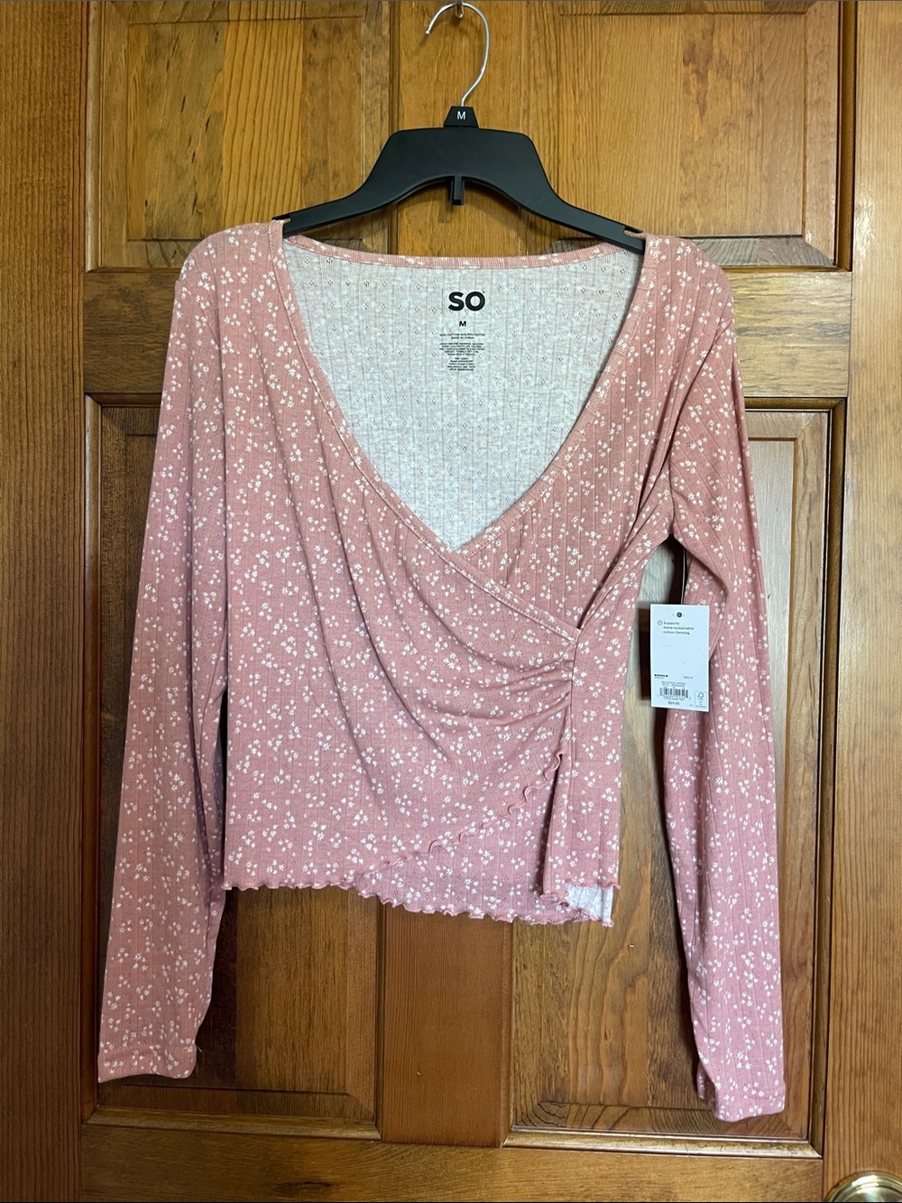 SO Mauve Pink Floral Wrap-Style Long Sleeve Top